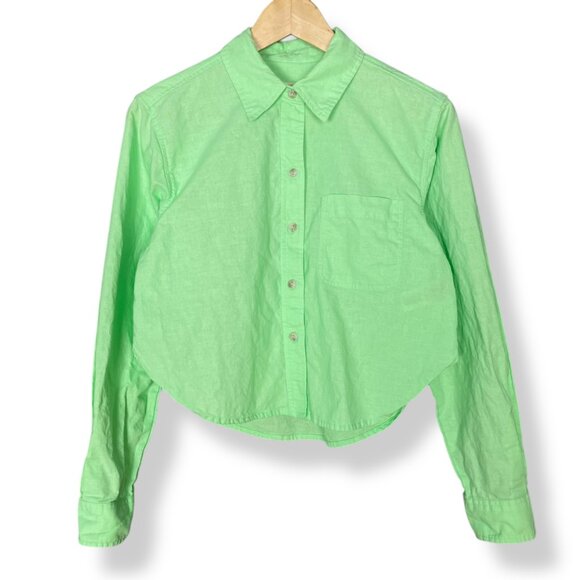 Universal Thread Crop Top Light Neon Green Cotton Linen Size XS Long Sleeves - Picture 3 of 9